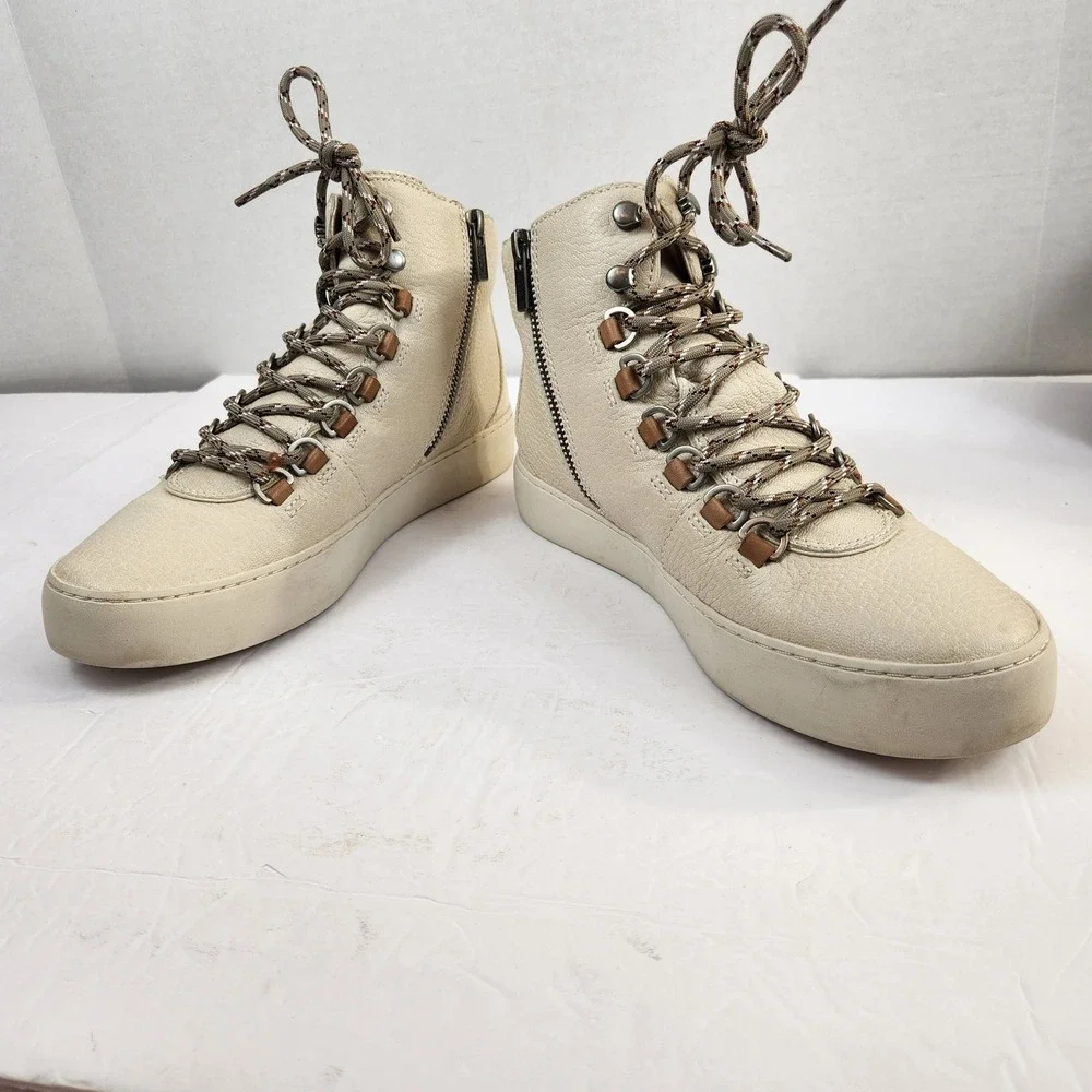 Frye Lena‎ Hiker High Top Boots Women's 8M Beige Leather Lace Up Zip Sneakers